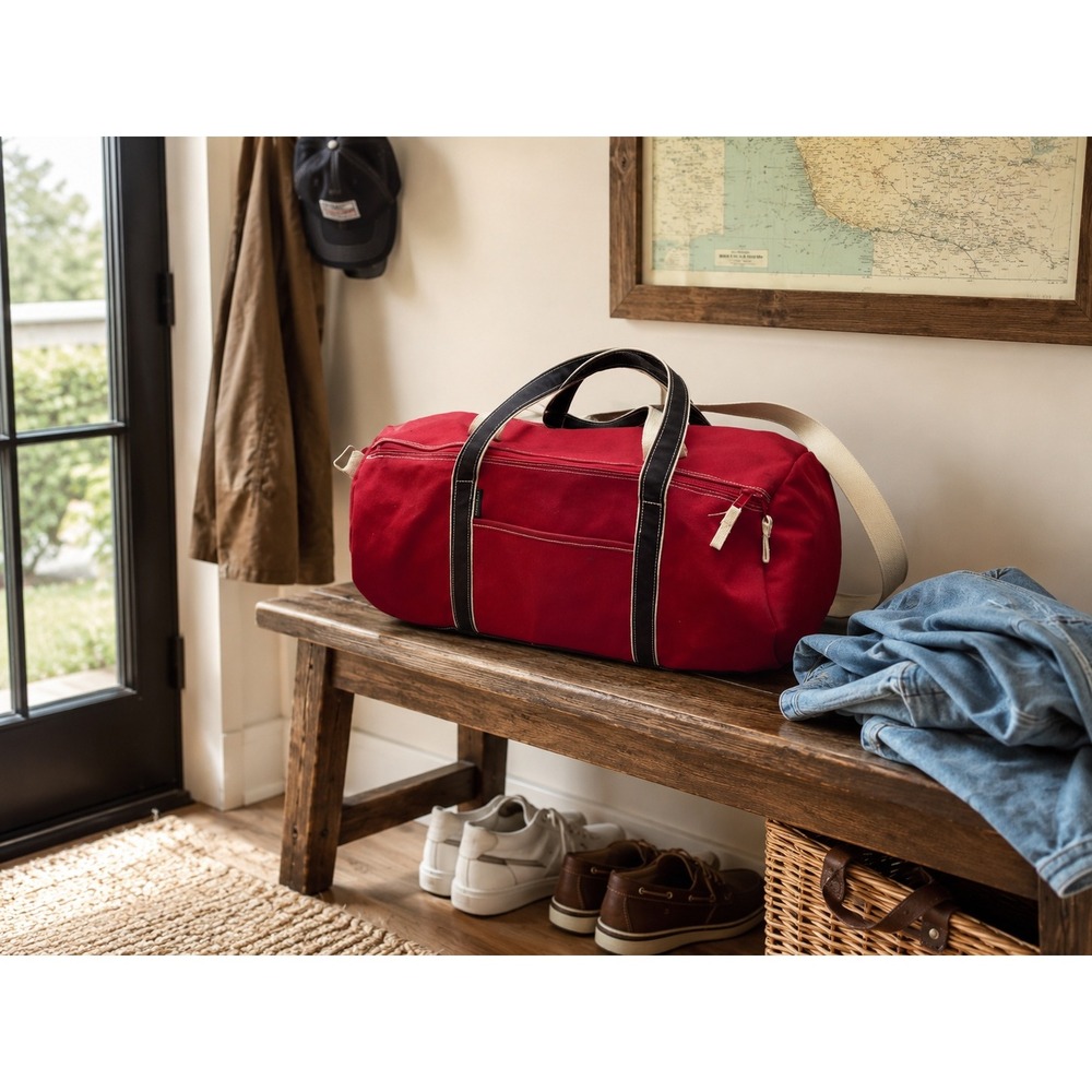 Lands End Duffel Bag Red Good Canvas Nautical Weekend Travel Carry On